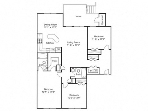 Floor plan for 3 beds, 2 baths, 1350 sqft